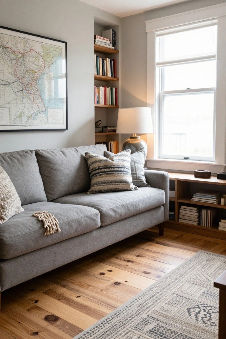 Gray L-shaped sofa with striped, knit pillows and fringed throw in a living room featuring built-in wooden bookshelves filled with books, a large framed map on the wall, wood plank floors, and a window letting in natural light.
