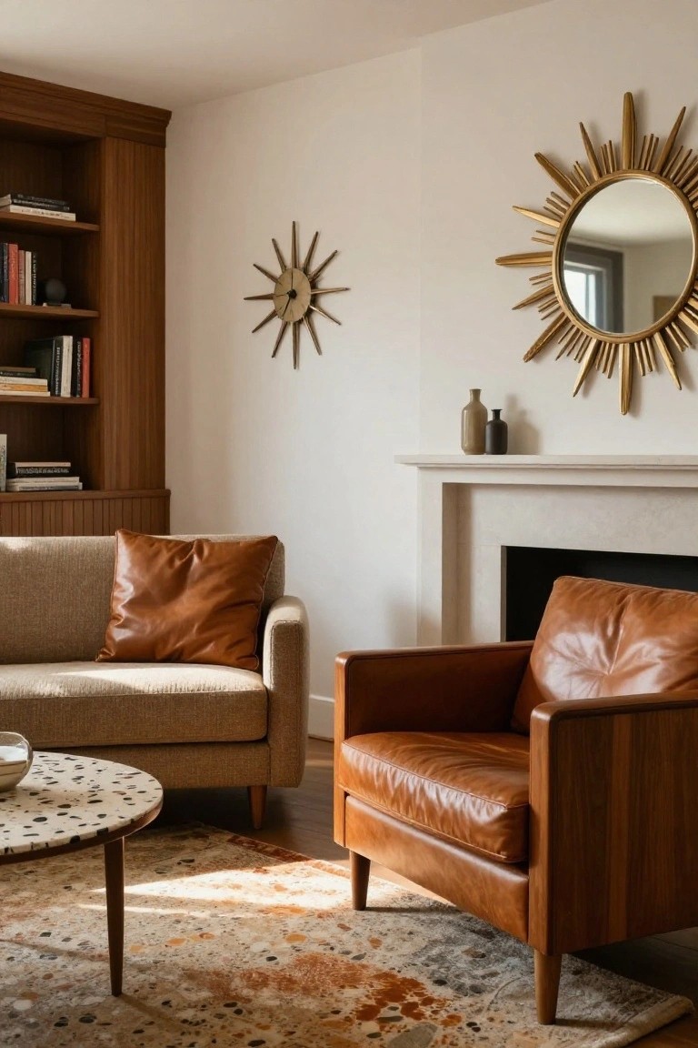 Living room with wooden built-in bookshelves filled with books, beige sofa with brown leather pillows, tan leather armchair on wood frame, round terrazzo coffee table on multicolored rug, white fireplace, and gold sunburst mirrors on white walls.