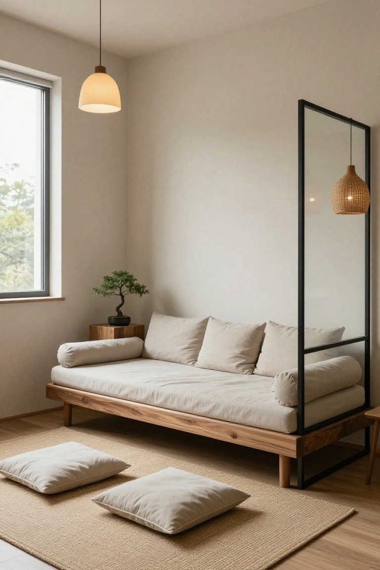 Minimalist indoor corner with low wooden daybed in cream cushions and bolsters, black metal frame divider with rattan lamp, white pendant lamp, bonsai tree on wooden stool, two cream floor pillows on seagrass rug, near window with trees outside.