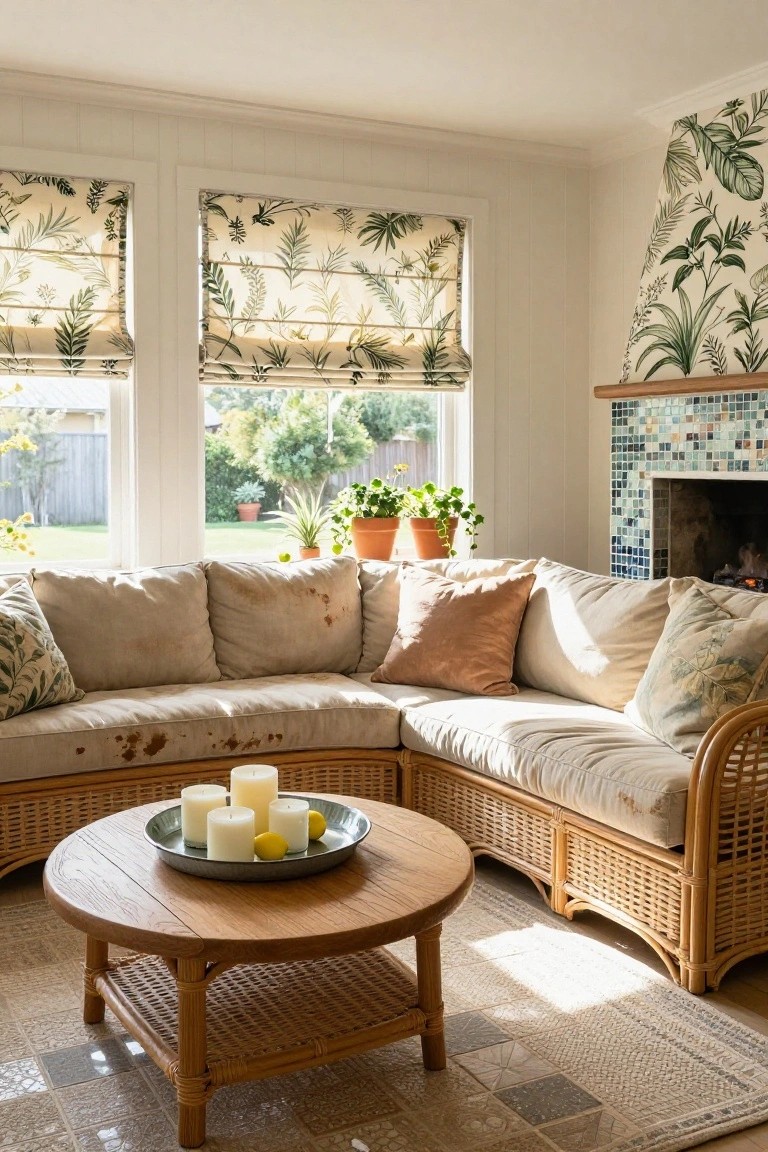 A sunlit living room corner featuring a beige linen-covered rattan sofa, round rattan-based wooden coffee table with white candles and yellow lemons in a metal dish, potted plants, botanical print Roman shades on windows overlooking a garden, and a blue-tiled fireplace with green-patterned hood.