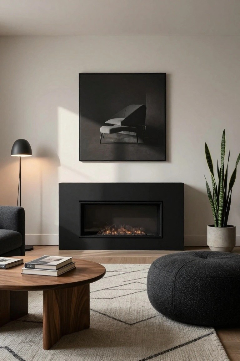 Modern living room with horizontal matte black gas fireplace on white wall, gray armchair, round wooden coffee table with books, black pouf, beige patterned rug, tall snake plant in concrete pot, black floor lamp, and large abstract black-framed artwork above fireplace.