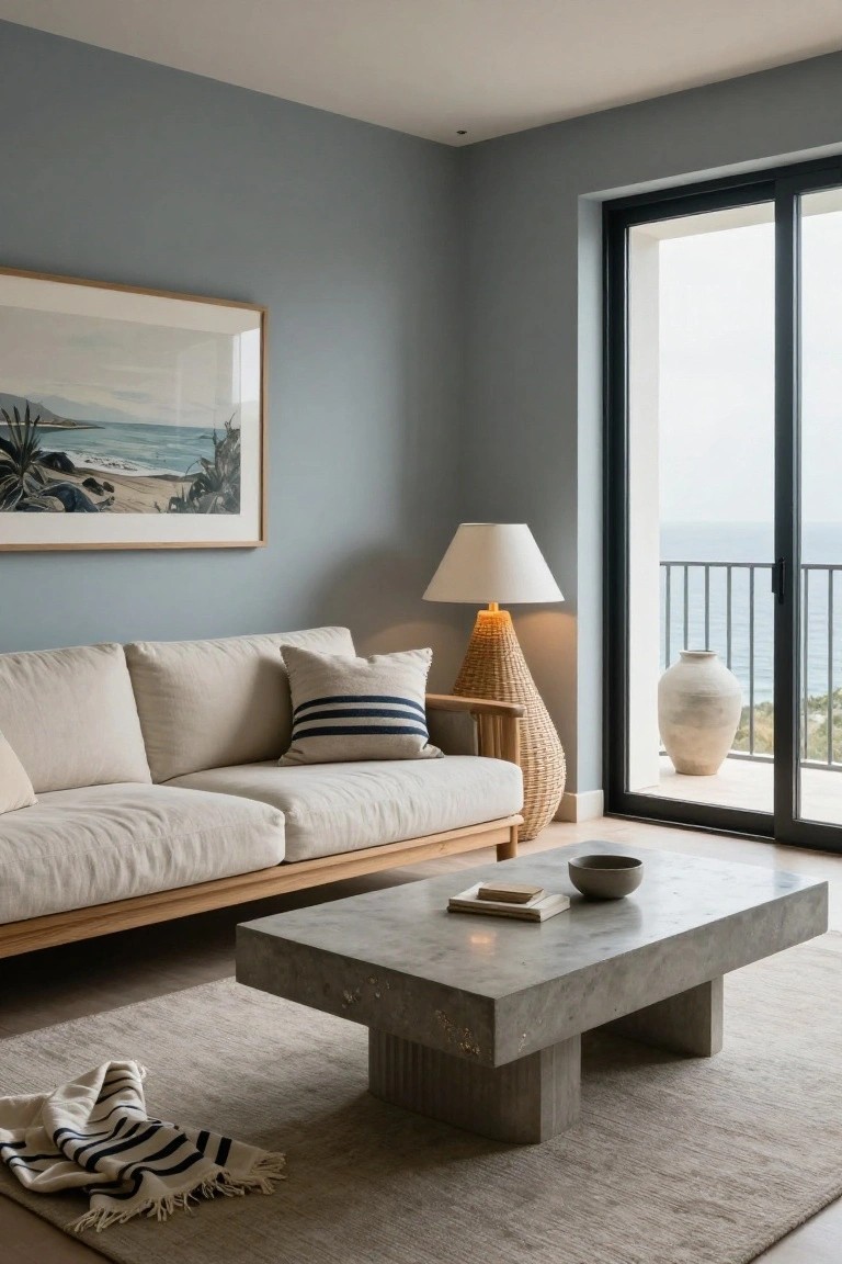 Light blue living room with cream linen sofa, striped pillows, rattan floor lamp, concrete coffee table, woven rug, and sliding glass doors to balcony with ocean view.