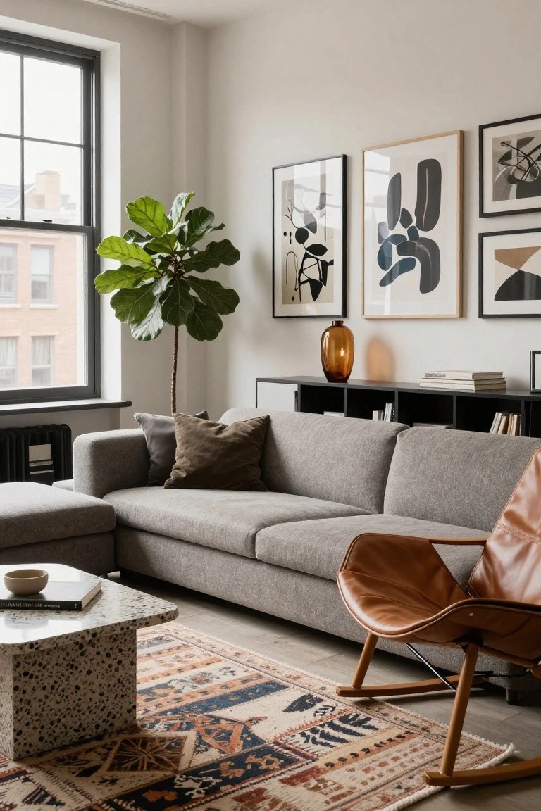 Light gray L-shaped sectional sofa with pillows in a living room, beside a brown leather rocking chair, terrazzo coffee table, large potted fiddle leaf fig plant by a tall window, black shelving unit with amber vase, abstract art on walls, and patterned rug on wood floors.