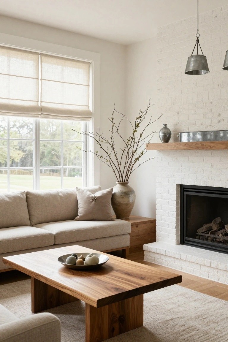 A light living room with beige sofa, large rectangular wooden coffee table holding a bowl of fruit and stones, white brick fireplace, wooden side table with tall vase, and large windows with linen shades.