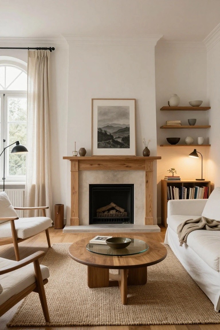 A light-filled living room with white walls, a wood-surround fireplace, two beige-upholstered wood armchairs, a white sofa with throw, round wood coffee table with glass top, seagrass rug, floating wood shelves holding ceramics and books, and an arched window with sheer curtains.