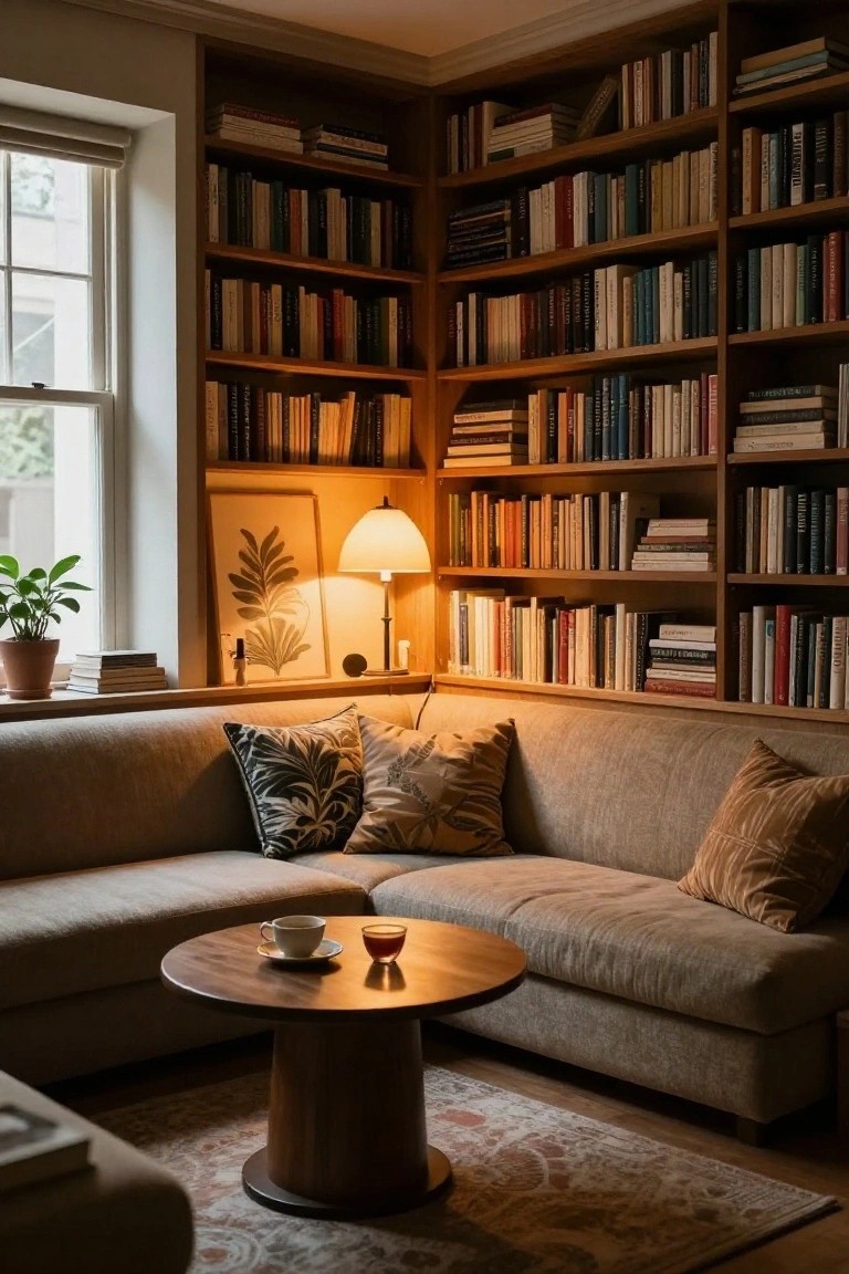 Warmly lit living room corner with floor-to-ceiling wooden bookshelves filled with books, light gray L-shaped sofa with patterned pillows, round wooden coffee table holding teacup and glass, table lamp, potted plant, and window with roller shade.
