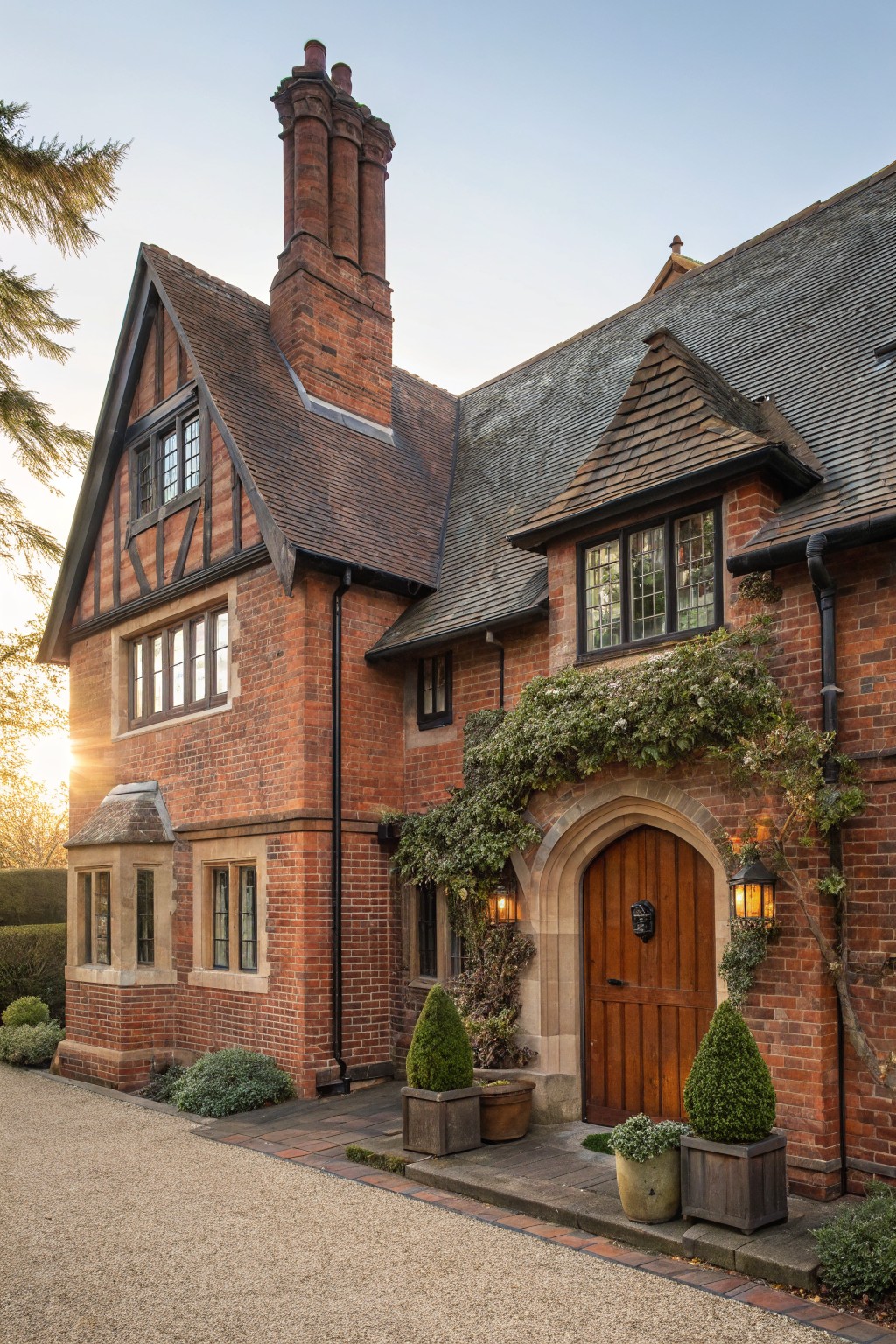 Red brick Tudor-style house exterior with half-timbering, tall brick chimney stacks, large multipane windows, arched wooden front door flanked by lanterns and climbing plants, potted topiaries, and gravel driveway at sunset.
