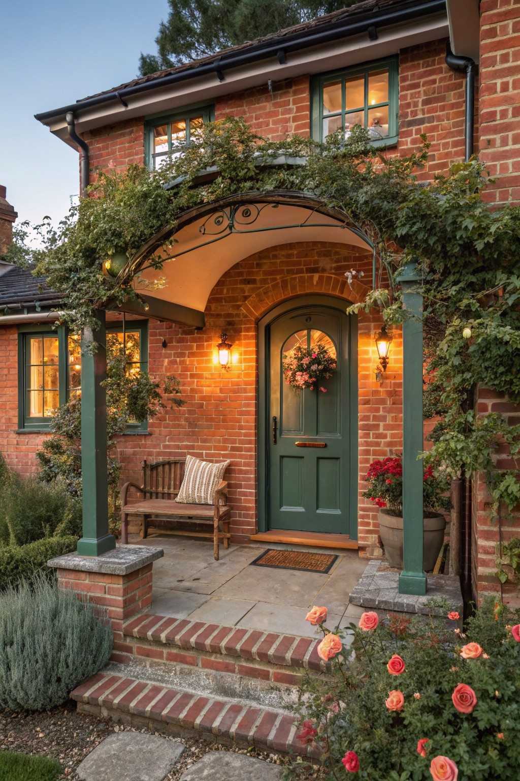 Red brick house front with arched green door under ivy-covered wrought iron archway, flanked by lanterns, wooden bench with cushion, potted plants, and flower wreath on the door.