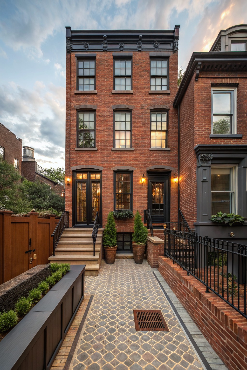 Red brick townhouse exterior featuring black-trimmed windows, arched black double doors with lanterns, stone steps, paver pathway, wooden fence, and planters in the front yard during sunset.