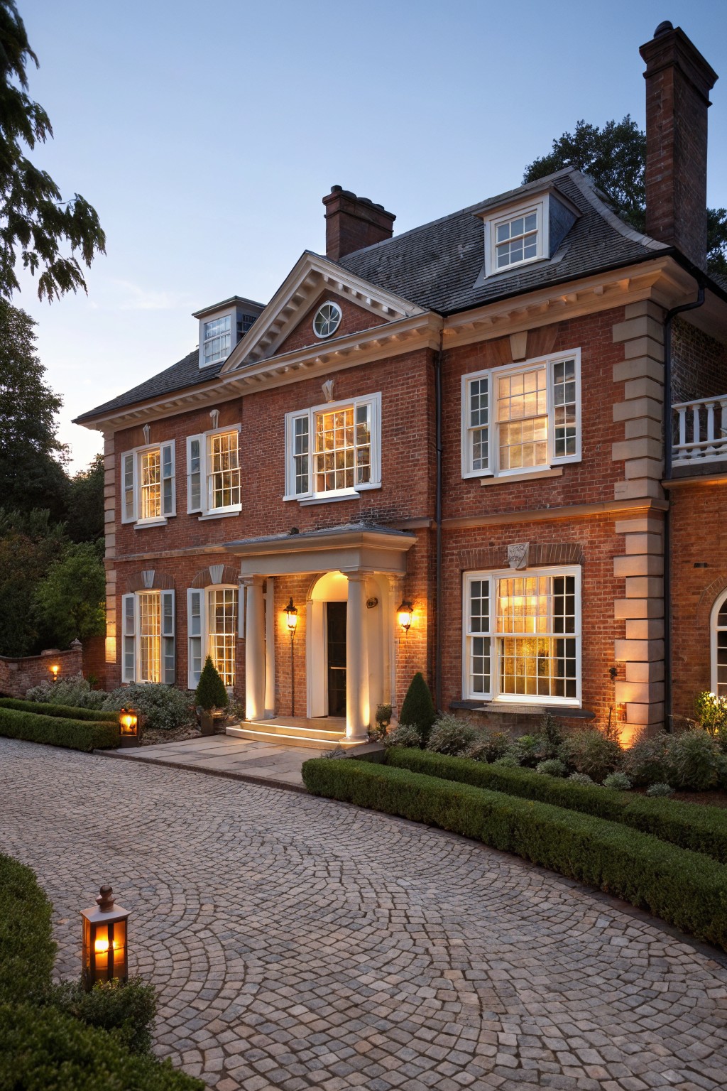 A two-story red brick Georgian-style house at dusk with white window frames, lit interior windows, a centered front door, curved cobblestone driveway, boxwood hedges, and lanterns along the path and steps.