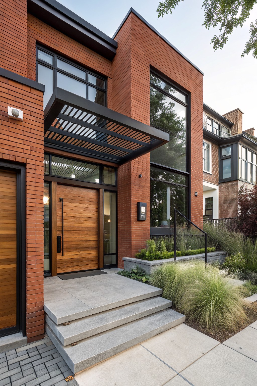 Red brick house exterior with a tall vertical wooden pivot door under a black slatted metal canopy, flanked by a garage door, concrete entry steps, and ornamental grasses.