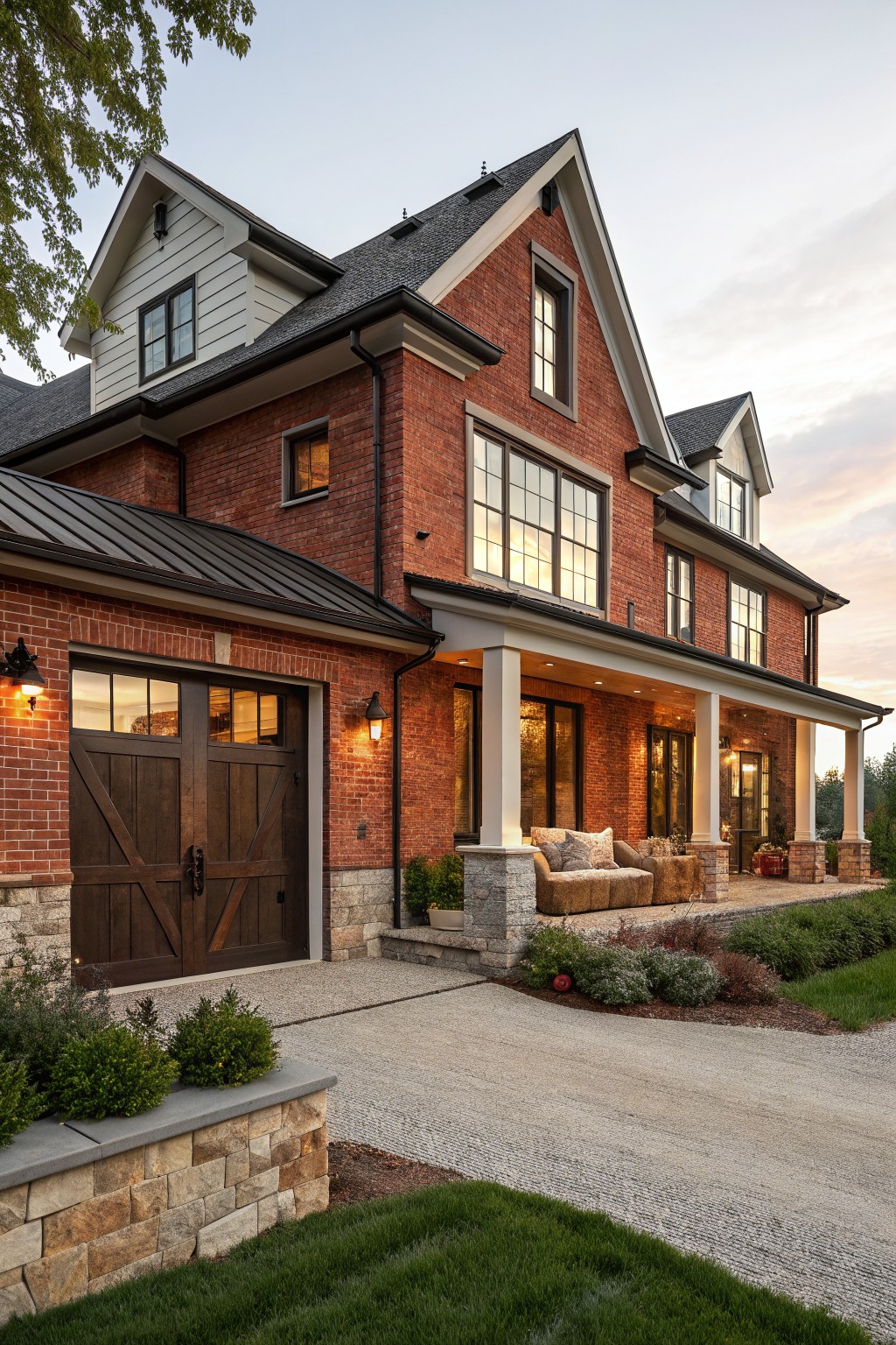 Two-story red brick house with white trim, gabled roofs, large multi-pane windows, attached garage with wooden barn doors and dark standing seam metal roof, covered front porch with columns and cushioned furniture, stone pillars, shrubs, and gravel driveway at dusk.