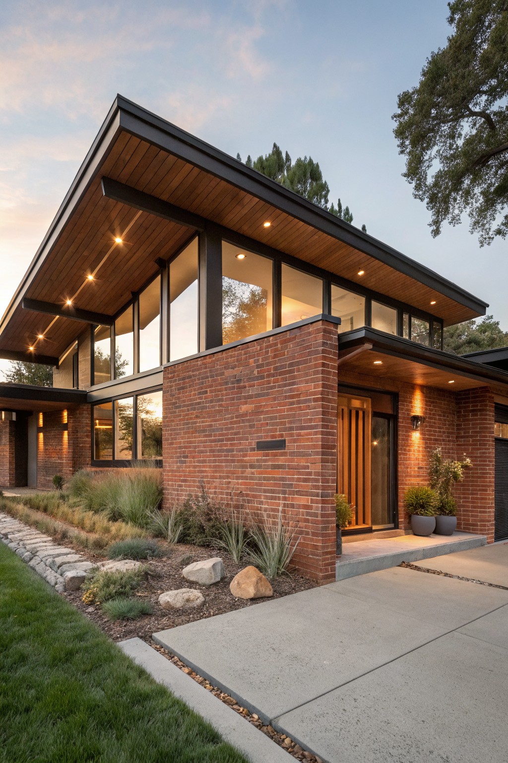 Red brick house exterior with cantilevered dark wooden roof overhangs, large glass windows, wooden entry door, landscaped front yard, and pathway at dusk.