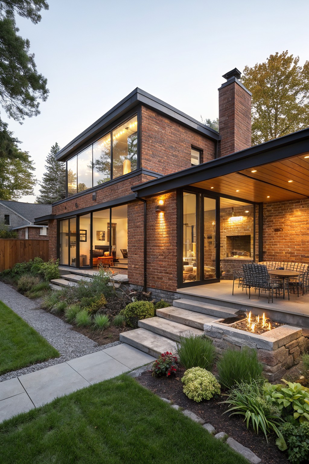 Rear exterior of a two-story red brick house with large glass walls and sliding doors opening to a covered wooden patio that includes a built-in brick fireplace, wicker outdoor furniture, steps down to a yard with a linear stone fire pit, gravel path, and landscaped plants.