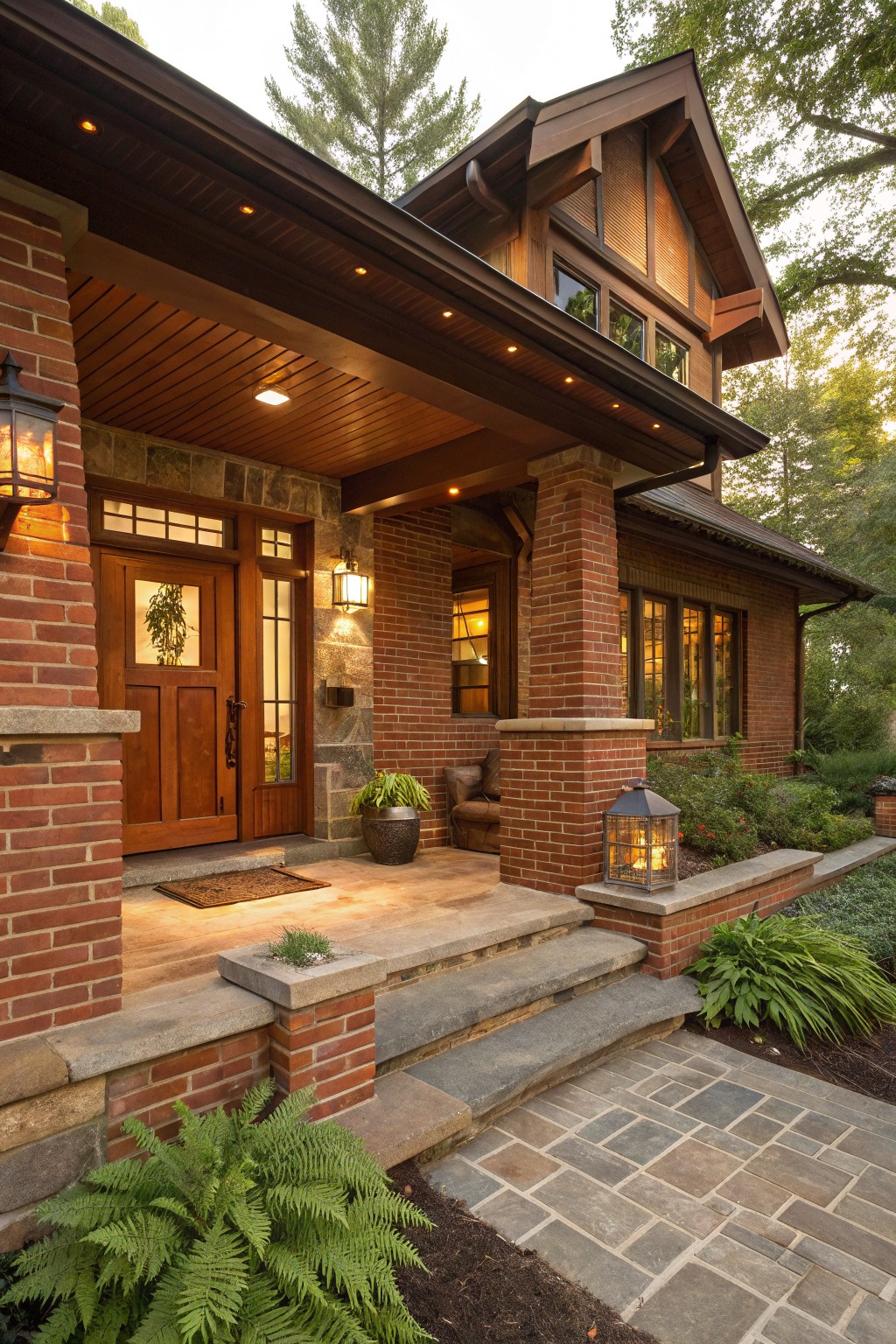 Front exterior of a two-story red brick Craftsman-style house with a covered wooden porch, glass-paneled wood entry door, hanging lanterns, potted plants, brick pillars, stone steps, and flagstone pathway bordered by ferns and shrubs.