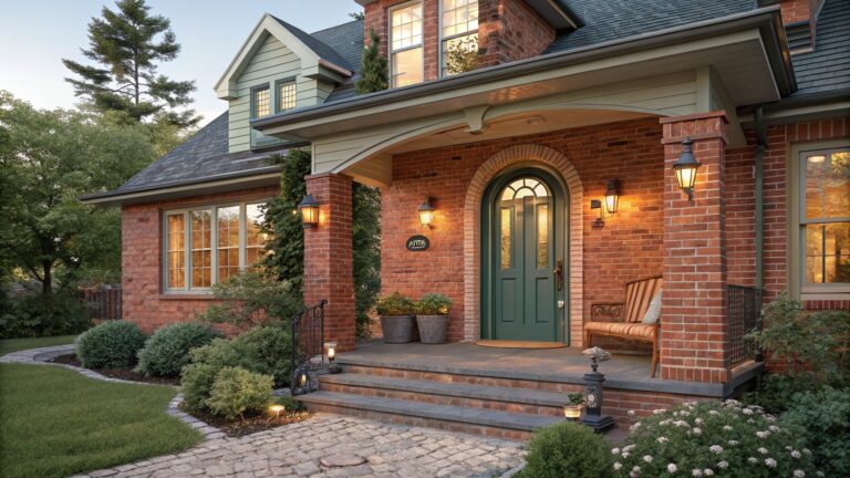 Red brick house front with arched green door under ivy-covered wrought iron archway, flanked by lanterns, wooden bench with cushion, potted plants, and flower wreath on the door.