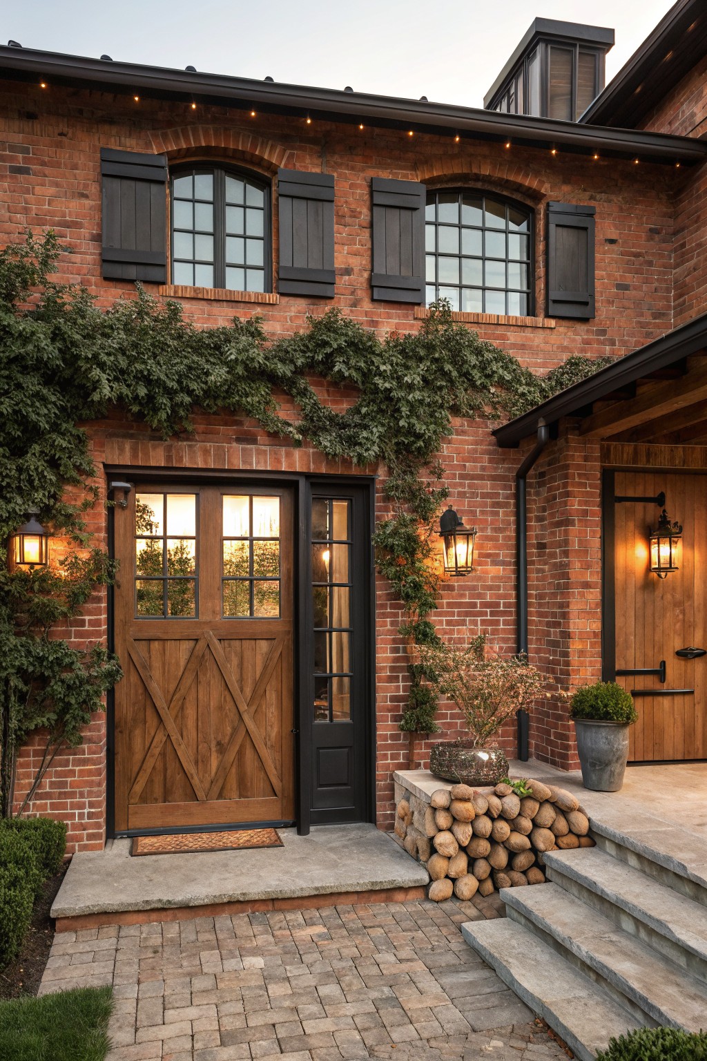 Red brick house exterior with ivy climbing the walls, arched windows with black shutters, wooden double doors with glass panels and a black side door, wall lanterns, potted plants, a stack of firewood logs on a stone base, and concrete steps with paver pathway.