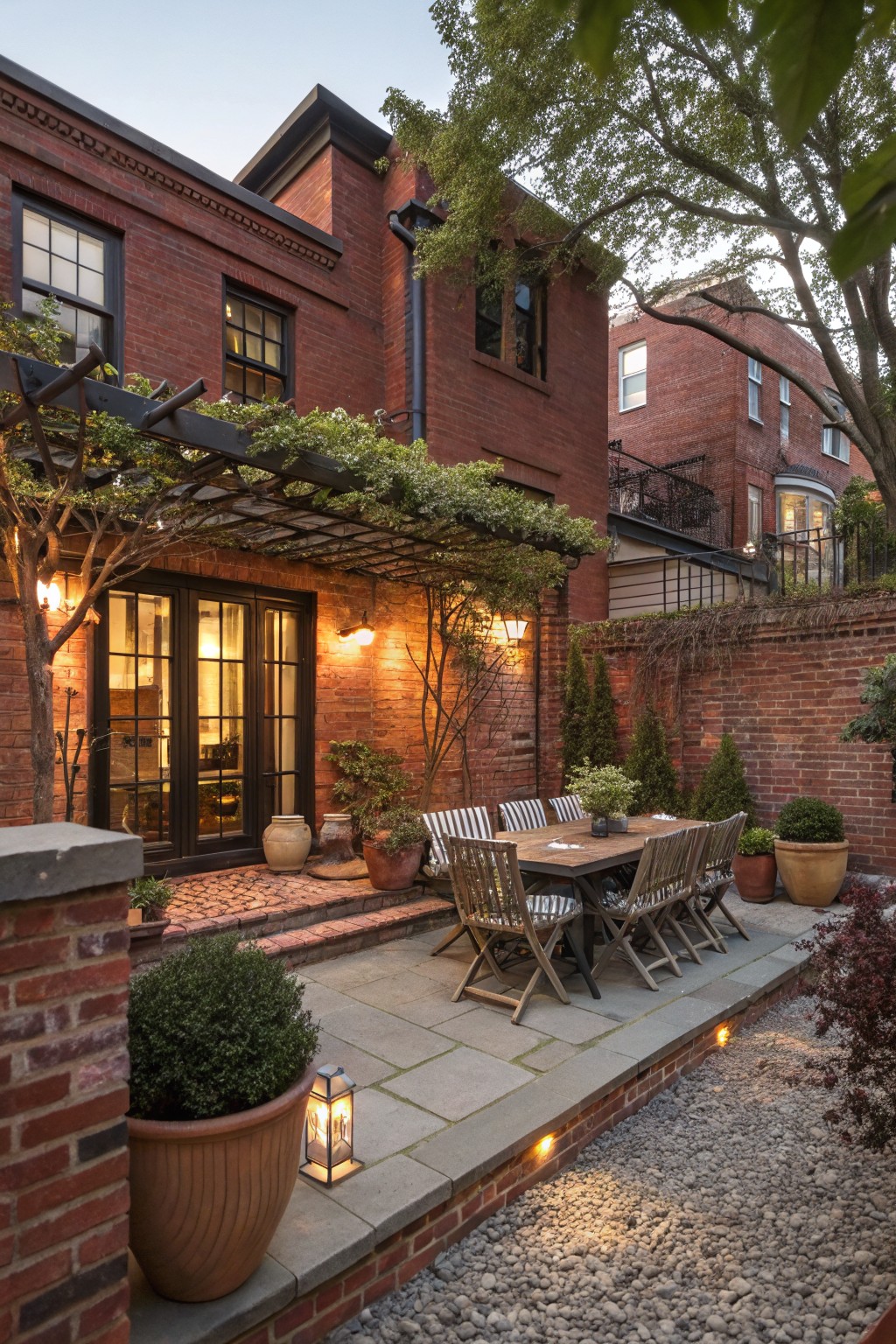 Red brick house wall with vine-covered metal pergola shading a rectangular wooden dining table and striped chairs on stone pavers in a small courtyard, surrounded by potted plants, lanterns, and gravel edging.