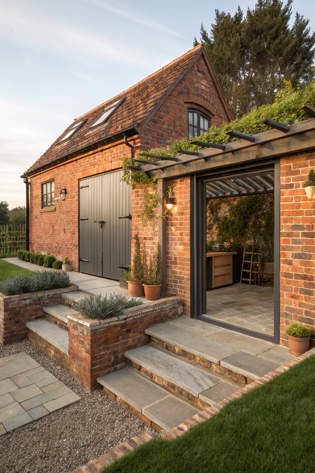 Red brick barn-style outbuilding with black double garage doors, adjacent open glass and steel-framed extension under wooden pergola with climbing plants, stone steps, potted plants, and gravel path in a garden setting.