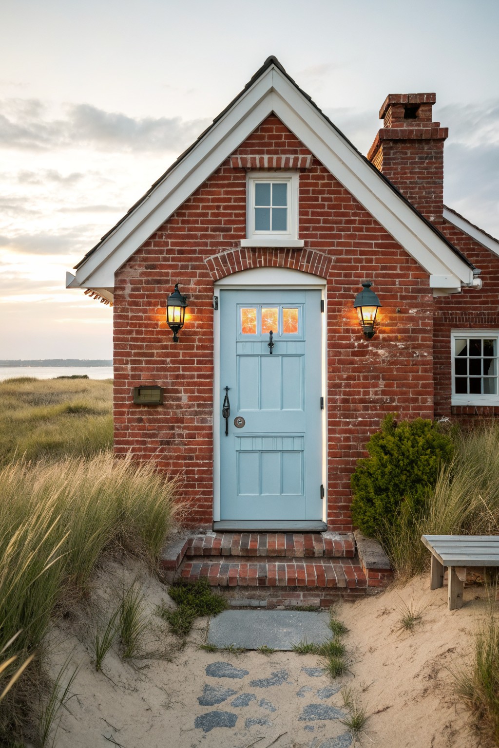 Red brick cottage exterior with light blue front door featuring glass panels, flanked by two black lanterns, brick steps, sandy stone path, beach grass, shrubs, dunes, and distant water at dusk.
