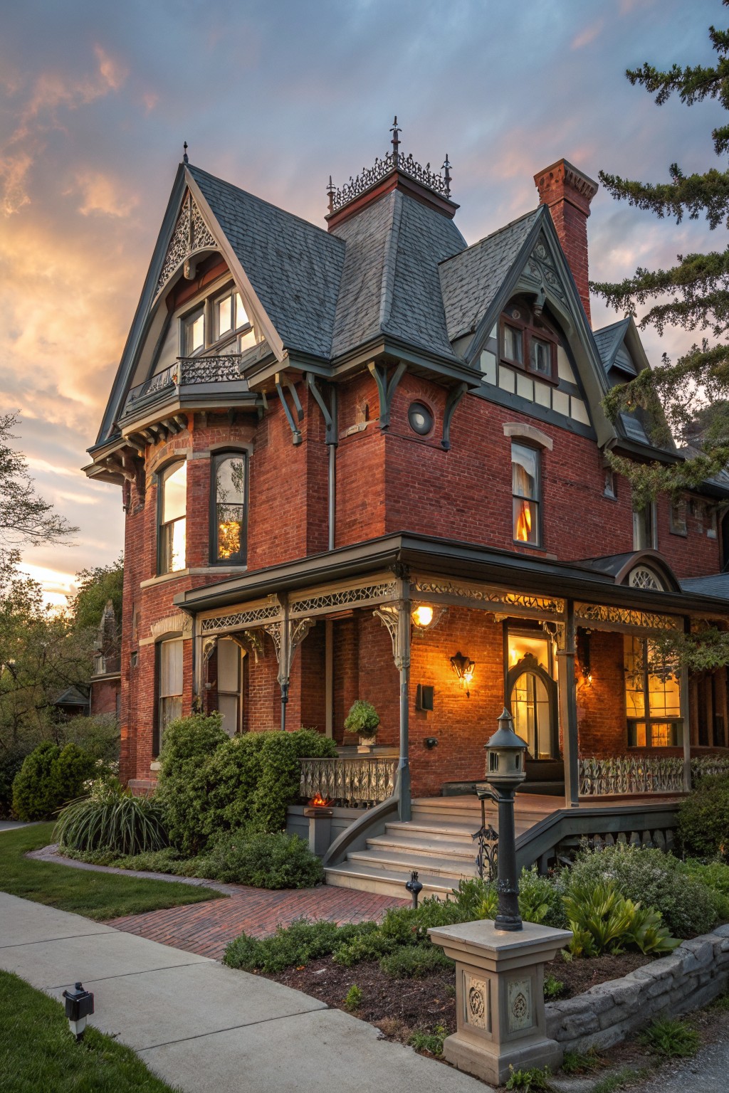 A multi-story red brick Victorian house with steep slate roofs, dark trim, bay windows, wraparound porch with ornate brackets and lanterns, steps, landscaping, and brick path at dusk.