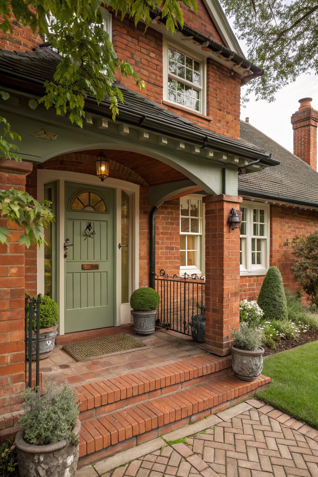 Red brick house exterior with sage green front door under white arched porch, flanked by potted plants, steps leading to entry, and surrounding landscaping.