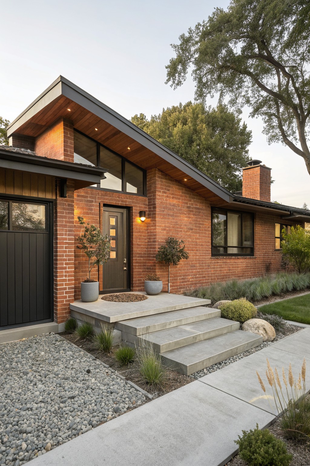 Red brick single-story house exterior featuring a slanted dark roof with exposed wood soffit, large clerestory windows, black front door, concrete entry steps flanked by potted plants, and gravel landscaping with grasses and boulders.
