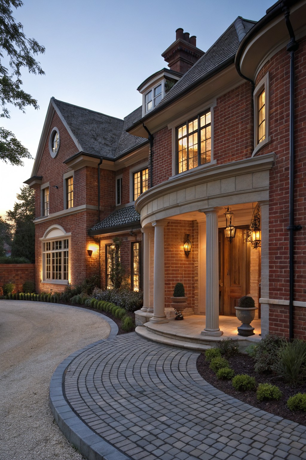 Red brick two-story house exterior at dusk with a curved beige stone portico supported by columns, wooden front door, hanging lanterns, potted plants, curved gray brick paver pathway, and low landscaping along the driveway.