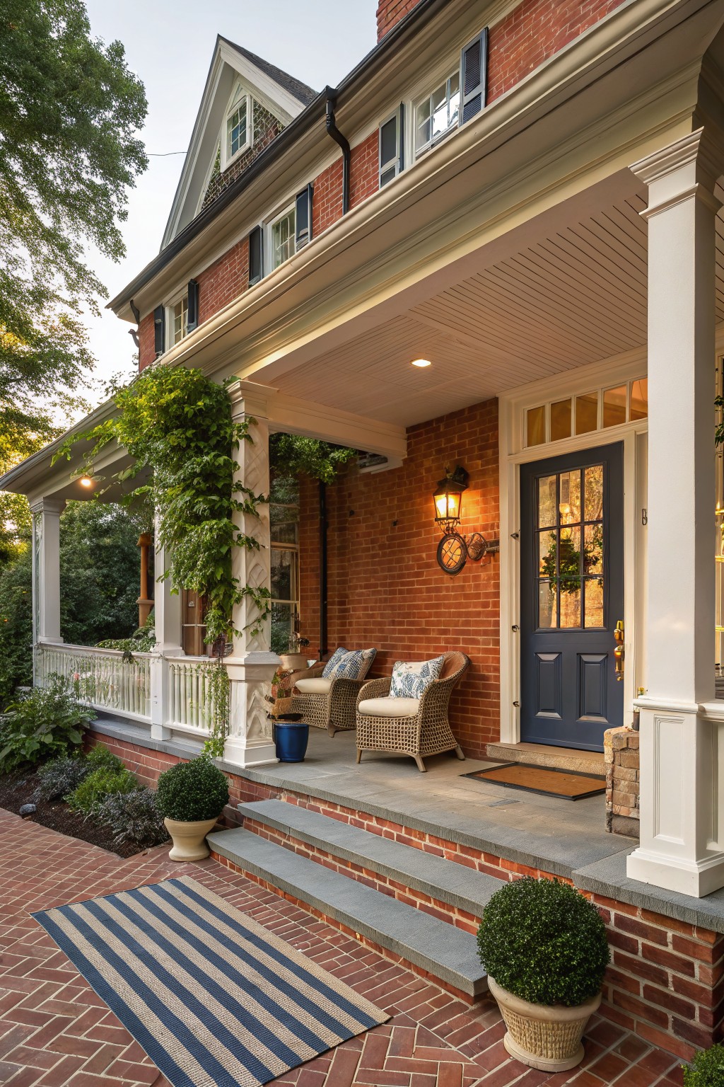 Red brick house exterior with covered front porch supported by white columns, navy blue glass-paneled front door, two wicker chairs with cushions, climbing vines on columns, lanterns, potted plants, and brick steps with a striped rug.