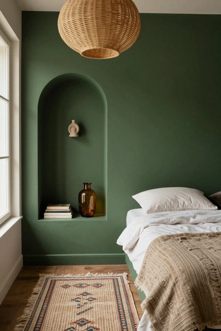 Bedroom with dark green painted walls including an arched niche holding stacked books, amber glass vase, and cream ceramic wall sconce, beside a bed with white linens and beige throw, rattan pendant light overhead, and patterned rug on wood floor.
