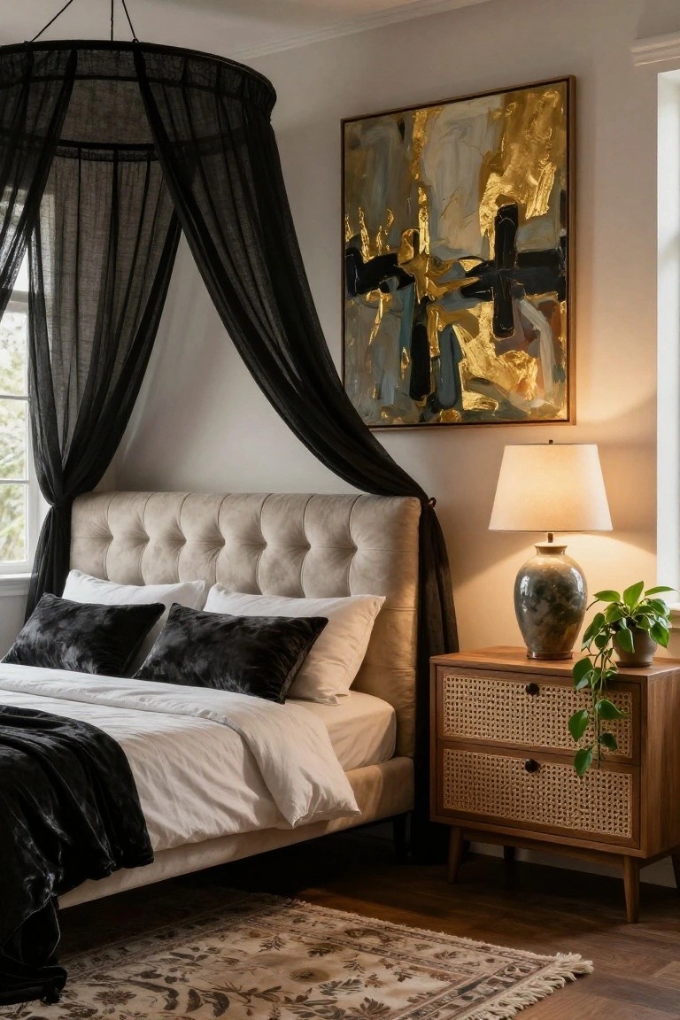Bedroom with beige tufted upholstered bed draped in black sheer canopy netting, black velvet pillows on white sheets, rattan nightstand holding green lamp and potted plant, abstract gold and black painting on wall, and patterned rug on wood floor.