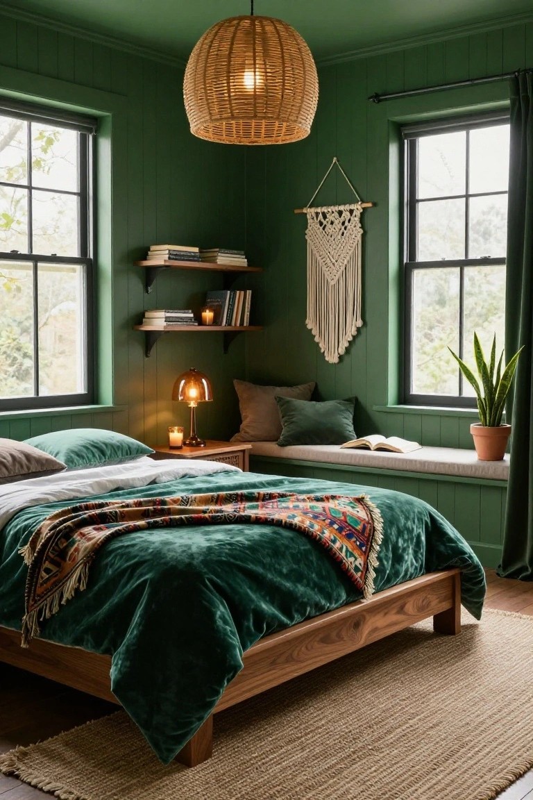Corner view of a bedroom with dark green paneled walls, wooden bed frame with green velvet bedding and multicolored throw, window seat with cushions open book and potted snake plant, floating shelves holding books and candle, macrame wall hanging, brass table lamp, and woven pendant light overhead.