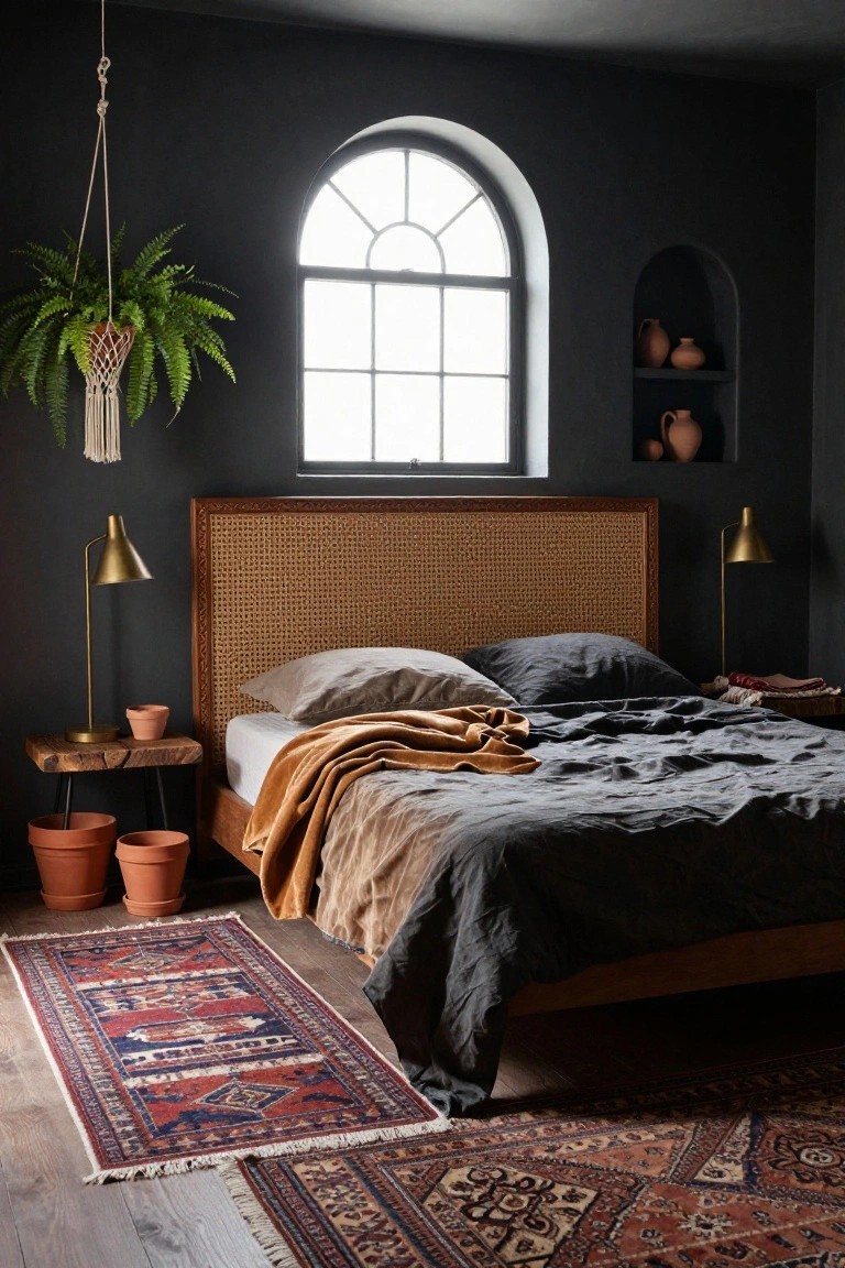 Dark-walled bedroom with wood-framed rattan headboard on bed draped in gray and beige linens, gold lamps on wood side tables with terracotta pots, hanging fern in macrame, arched window, niches with pottery, and patterned Persian runner rug on floor.