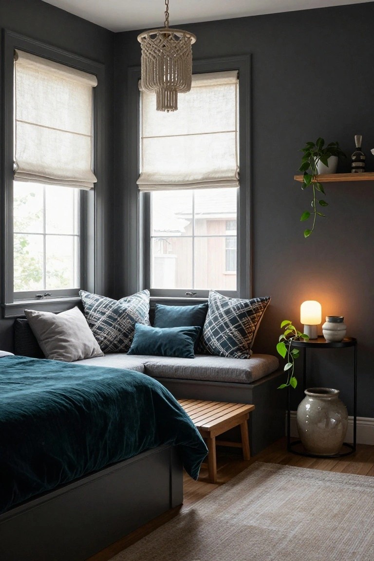 Corner of a bedroom with dark gray walls, a low teal velvet bed built against two large windows covered in sheer linen roller shades, assorted pillows, a macrame pendant light, plants, and side tables.
