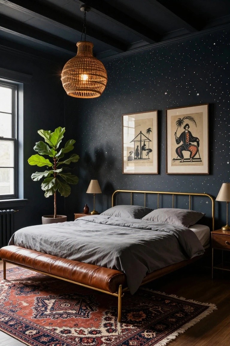 Bedroom interior with dark navy walls speckled with stars, rattan pendant light, large fiddle leaf fig plant near window, gold metal bed frame with gray linens and pillows, bedside lamps, two framed artwork prints, leather bench, and red Persian rug on wood floor.
