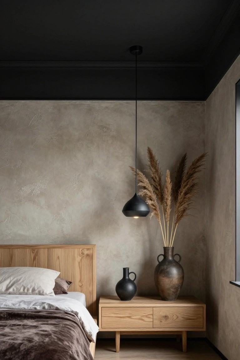 Bedroom corner with black ceiling, light beige textured walls, wooden platform bed with white sheets and brown throw, matching wooden nightstand holding two black vases and one large brown vase with pampas grass, black pendant lamp hanging nearby, and a window.