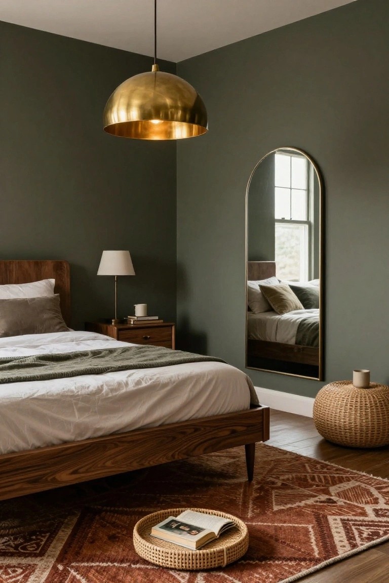 A bedroom corner with dark green walls, wooden bed with white sheets and green throw, brass arched floor mirror, gold dome pendant light, bedside table with lamp and mug, woven stool, and red patterned rug on wood floor.