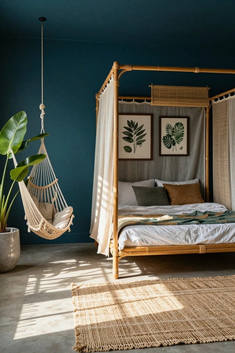Bedroom interior with deep navy blue walls and ceiling, bamboo four-poster canopy bed draped in white fabric, hanging white rope hammock with pillows next to a potted banana plant, seagrass rug on concrete floor, and two framed leaf prints on the wall.