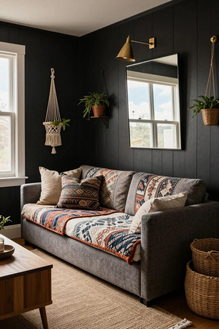A bedroom corner with black vertical paneled walls, gray sofa bed covered in a multicolored quilt and patterned pillows, macrame plant hangers, potted plants, large mirror, gold sconce light, wooden coffee table, seagrass rug, and woven baskets.