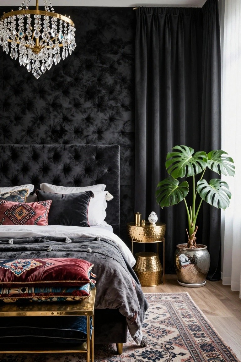 Bedroom interior with black tufted velvet headboard and textured wall, bed layered with gray bedding and colorful patterned pillows, gold side tables, brass bench at foot, monstera plant in silver pot, crystal chandelier overhead, black curtains, and patterned rug on wood floor.