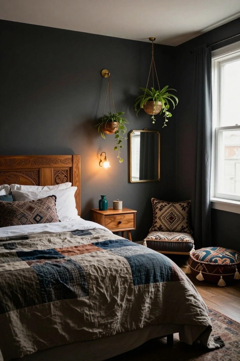 Bedroom corner with dark gray walls, wooden bed featuring carved headboard and patchwork quilt in blues and oranges, hanging potted plants, gold wall light, nightstand with green vase, patterned armchair, pouf ottoman, round mirror, and window with gray curtains.