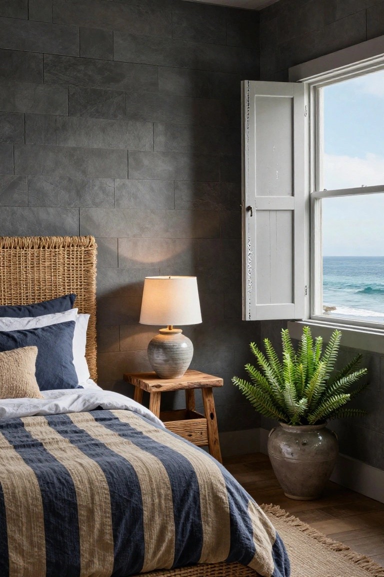 Bedroom with dark slate tile walls, rattan headboard bed draped in navy and cream striped sheets, wooden stool side table holding a ceramic lamp, large potted fern, and open white shuttered window showing ocean view.