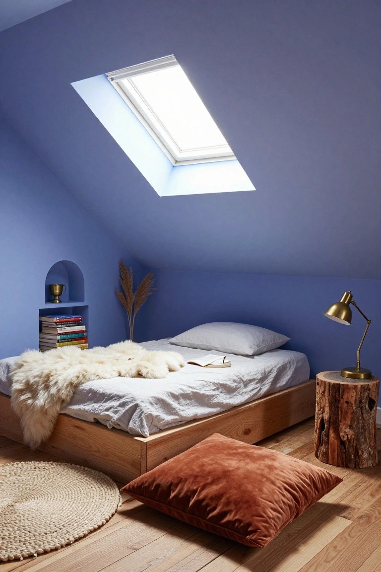 Attic bedroom with dark blue sloped walls and ceiling, wooden platform bed topped with white linens and sheepskin throw, skylight overhead, arched niche shelf holding books and pampas grass next to brass cup, brass lamp on tree stump side table, rust-colored floor pillow, and seagrass rug on wooden floor.