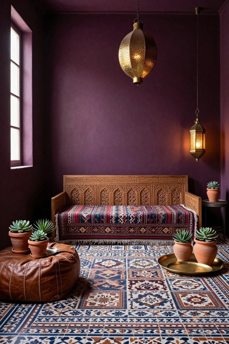 Small interior room with deep purple walls, carved wooden bench sofa draped in colorful patterned blanket, brown leather pouf, potted succulents, brass hanging lanterns, side table, and blue-and-terracotta patterned tile floor.