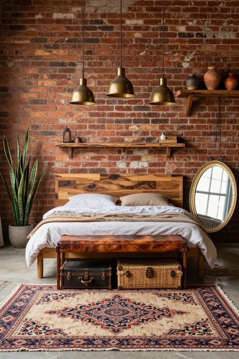 Bedroom interior with exposed red brick walls, wooden bed frame with white and tan bedding, gold pendant lights hanging above, tall potted snake plant, round gold mirror, leather bench with trunks and baskets at bed foot, and patterned rug on concrete floor.