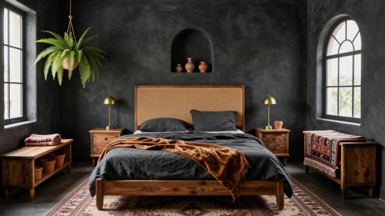 Dark-walled bedroom with wood-framed rattan headboard on bed draped in gray and beige linens, gold lamps on wood side tables with terracotta pots, hanging fern in macrame, arched window, niches with pottery, and patterned Persian runner rug on floor.