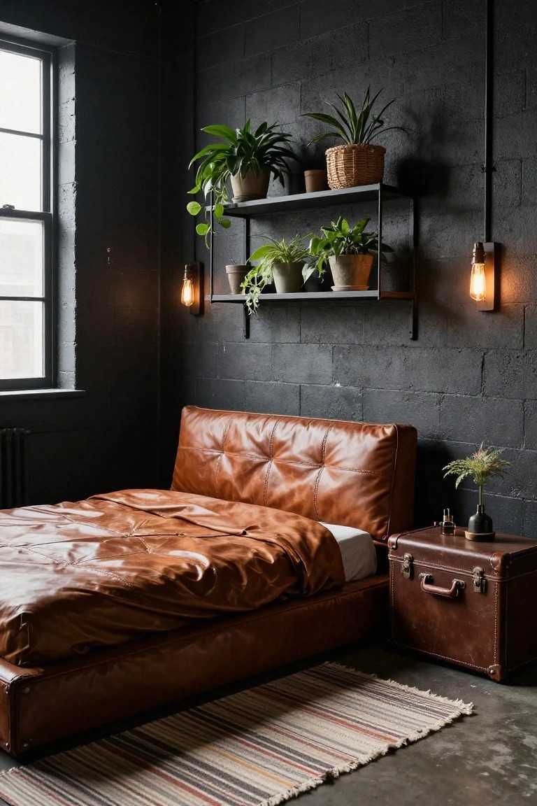 Bedroom interior with black exposed brick walls, brown tufted leather platform bed, metal shelves holding potted plants, industrial pendant lights, vintage suitcase nightstand, and striped rug on concrete floor.