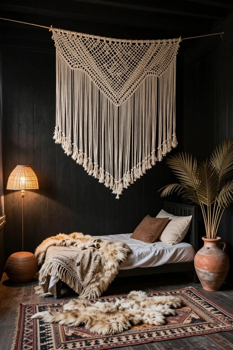 Dark-walled bedroom with large white macrame wall hanging above a bed covered in fur throws and linens, rattan floor lamp, potted palm plant, terracotta vase, woven stool, and fur rug on wood floor.