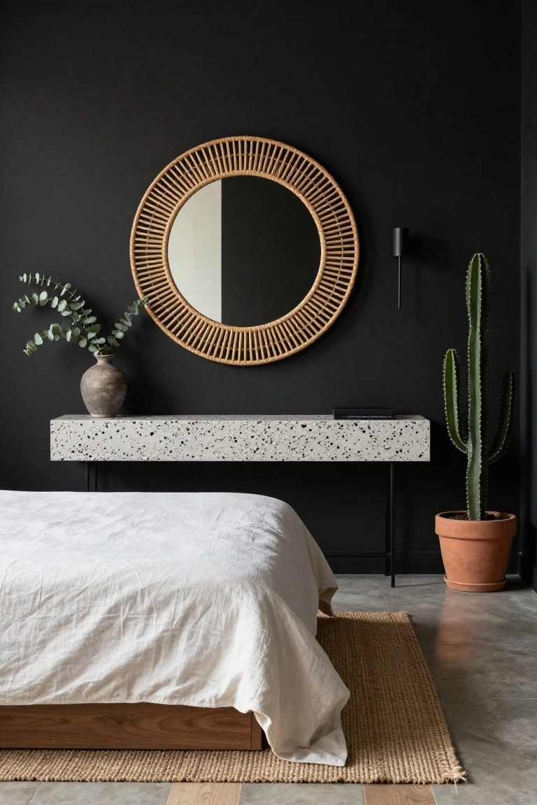 Black-walled bedroom with round rattan mirror above speckled white terrazzo console table holding terracotta vase of eucalyptus branches and small black book, potted cactus in orange pot nearby, low wooden platform bed with white linen sheets, seagrass rug on concrete floor.