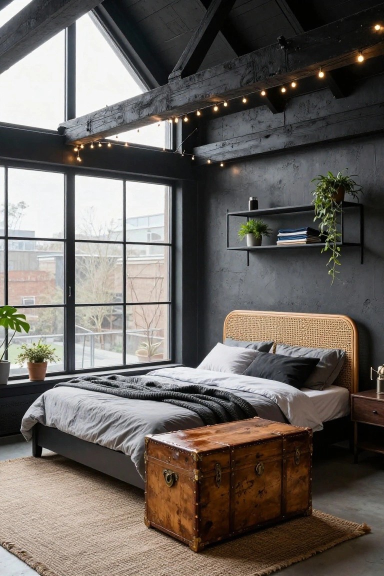 Dark-walled bedroom with exposed beams strung with lights, rattan headboard bed dressed in gray linens, vintage trunk at foot, plants on black metal shelf and windowsill, large windows overlooking brick buildings.